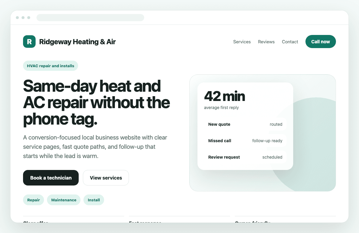 Ridgeway Heating & Air sample website preview
