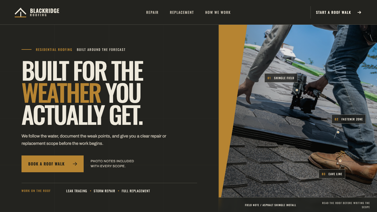 Blackridge Roofing website displayed on a desktop monitor