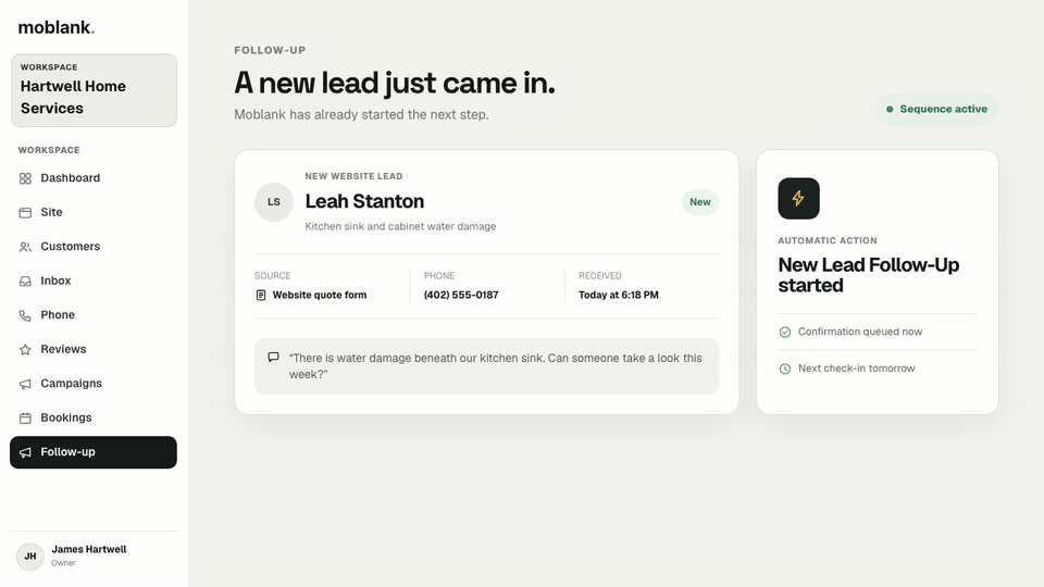 Animated Moblank follow-up flow showing a website lead entering a timed text sequence, receiving a follow-up, replying, and moving to an owner conversation