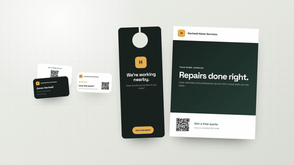 Animated demonstration of coordinated Hartwell Home Services print collateral and a QR review card opening the matching review page